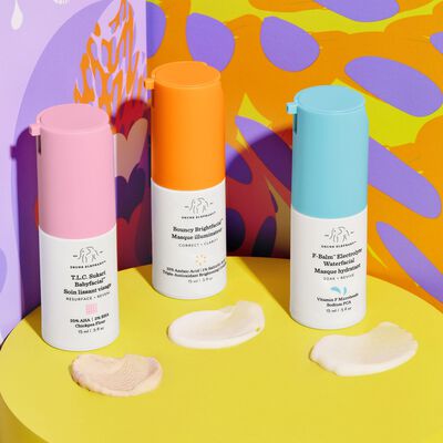 Babyfacial, F-Balm, and Brightfacial next to product texture