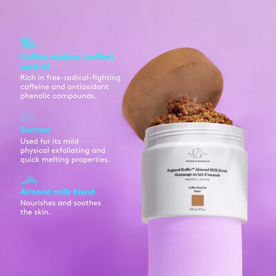 Sugared Koffie™ Almond Milk Body Scrub tipped over with product coming out