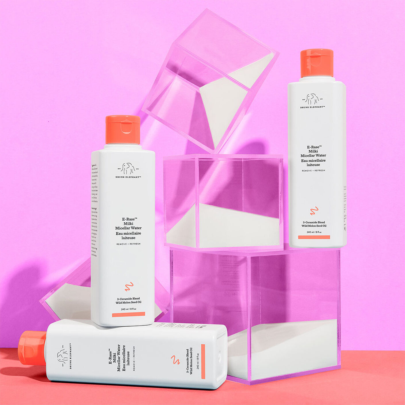 E-Rase Milki Micellar Water with purple transluscent box props. 