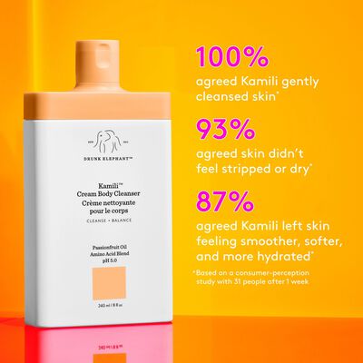 Multiple Kamili™ Cream Body Cleansers stacked in a pyramid against a purple background