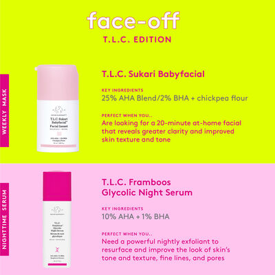 Face-off comparison between T.L.C. Sukari Babyfacial™ and T.L.C. Framboos Glycolic Night Serum