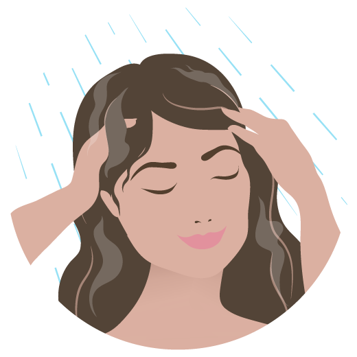 Illustration d’une femme rinçant le shampooing conditionneur Laini sans mousse sous la douche.