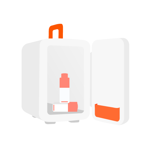 Illustration d'un réfrigérateur de maquillage ouvert avec deux flacons de C-Tango à l'intérieur