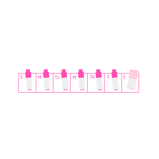 Illustration d'une semaine du calendrier indiquant l'utilisation du sérum de nuit glycolique TLC Framboos dans les cases du dimanche au vendredi et du TLC Sukari Babyfacial dans la case du samedi.