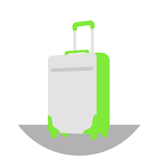 Valise à roulettes grise et verte illustrée