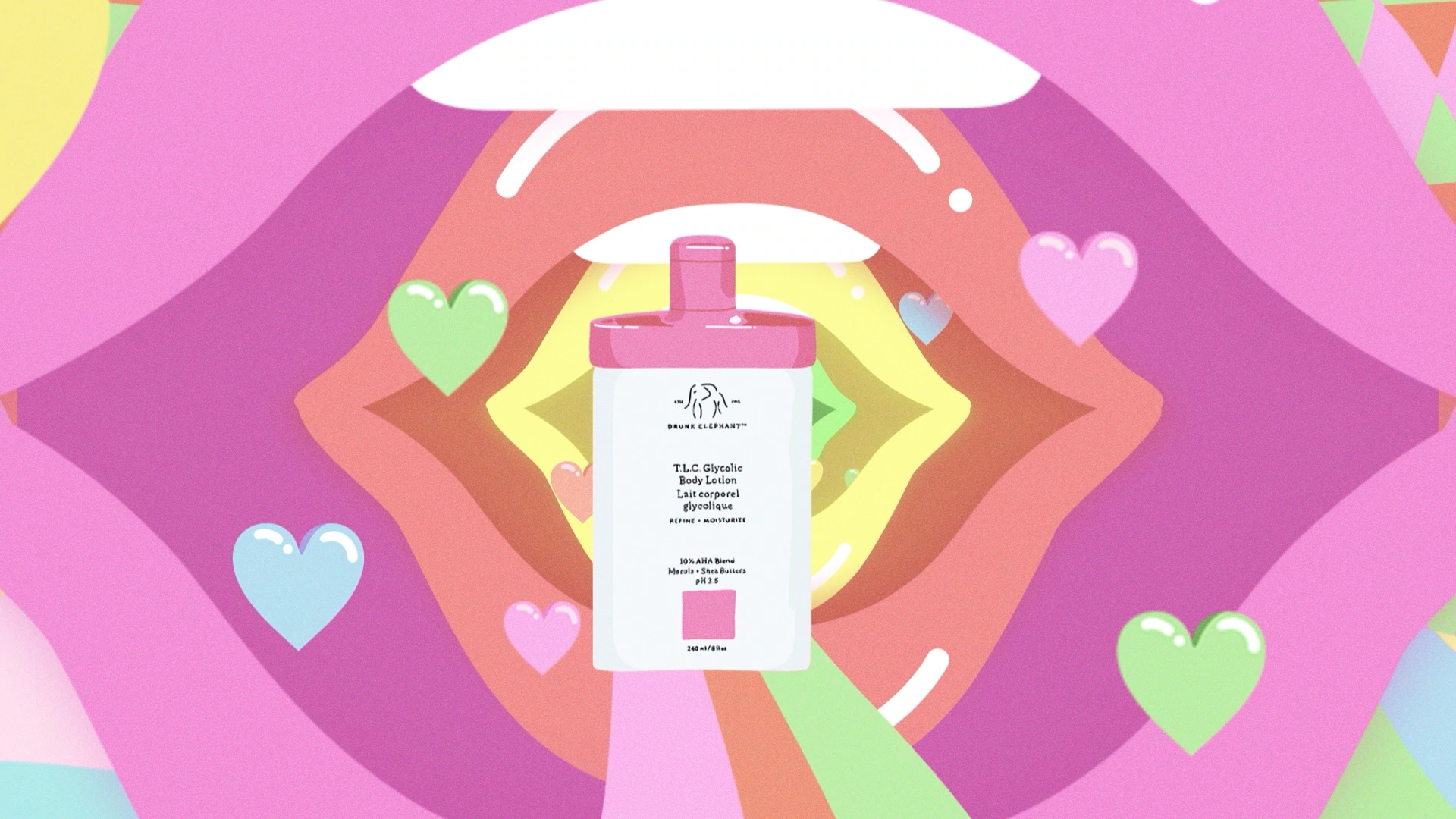 animated image showing T.L.C. Glycolic Body Lotion in front of an animated mouth