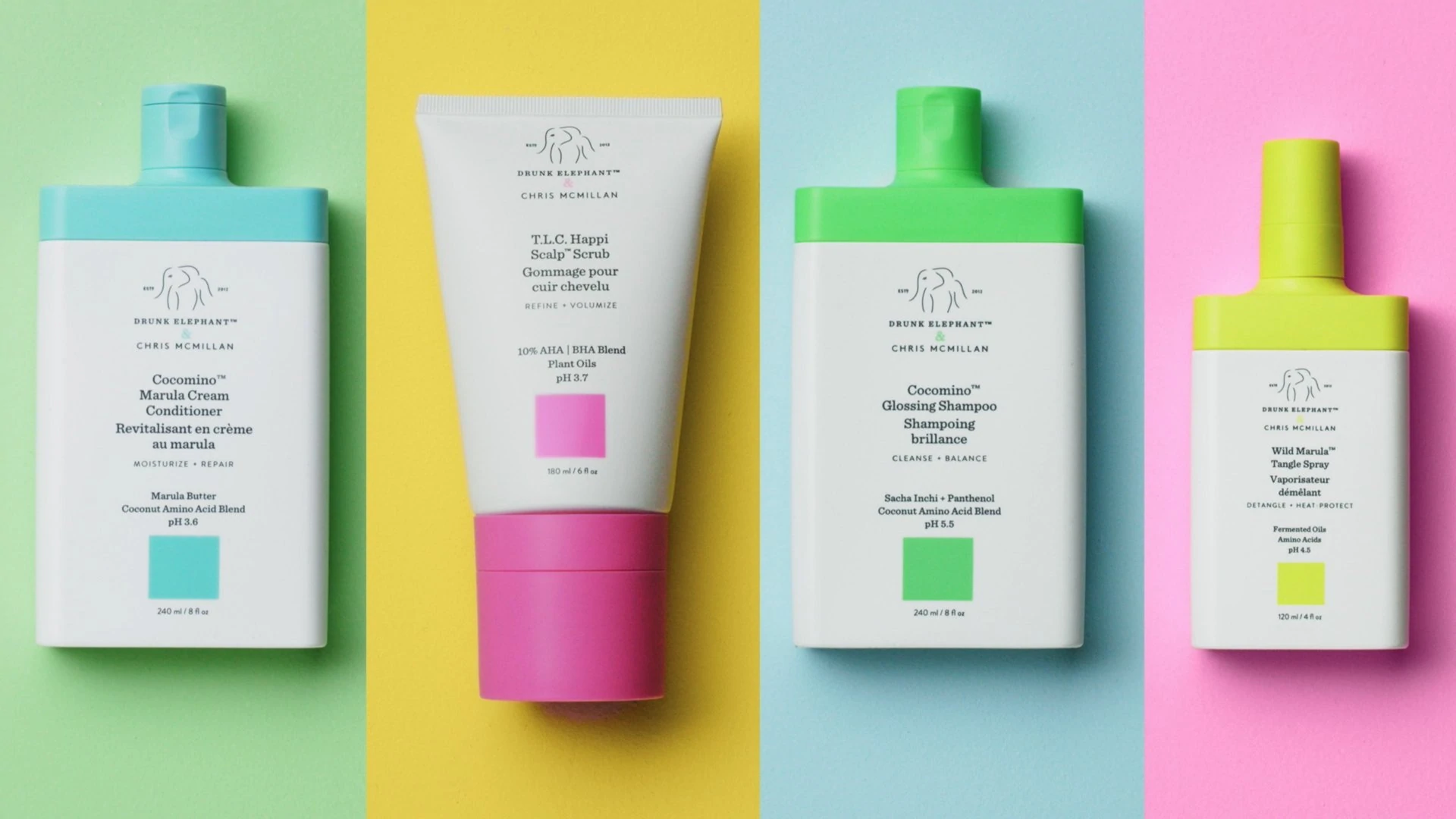 image showing conditioner, scalp scrub, shampoo and marula tangle spray products on a colorful background