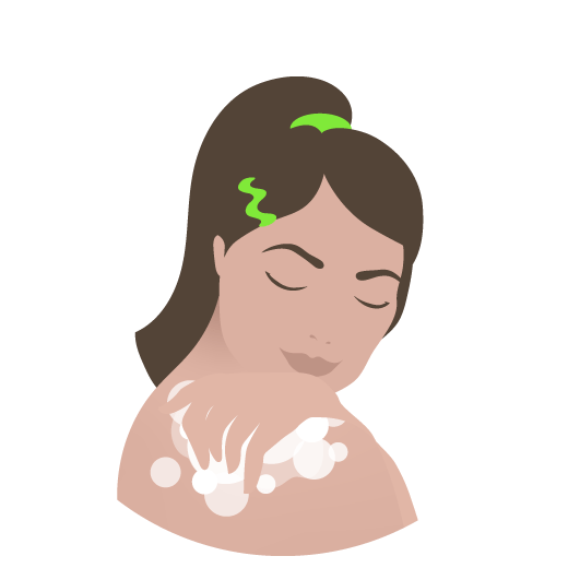 Illustrated drawing of woman with green hair tie using juju bar to exfoliate shoulder