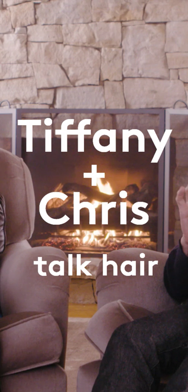 video of Drunk Elephant founder Tiffany Masterson and celebrity hair stylist Chris McMillan chatting in front of a cozy fireplace
